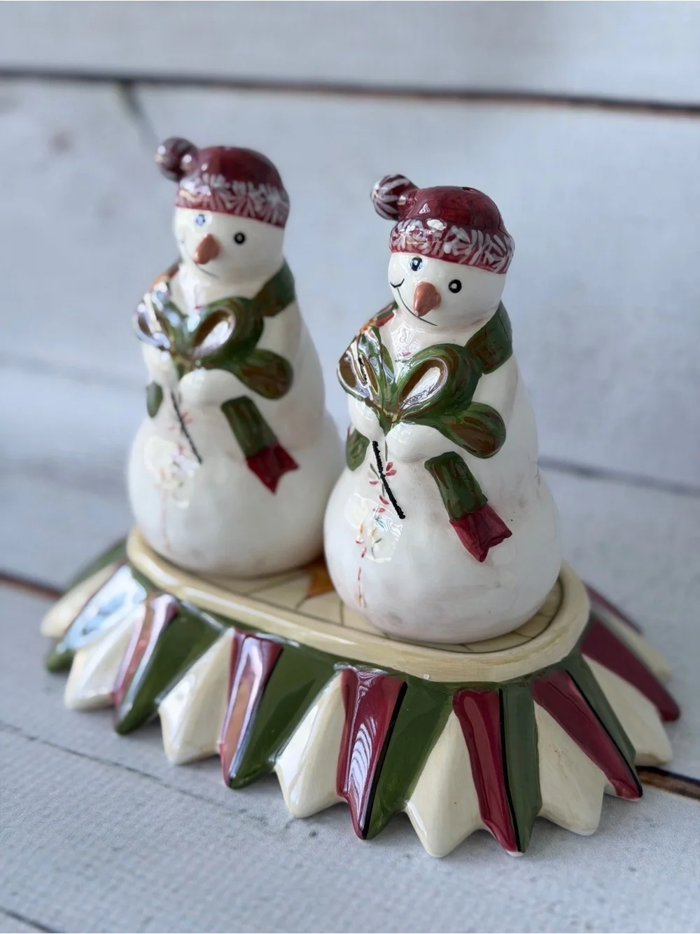 Vintage Ceramic Snowman Christmas Salt & Pepper Shakers Set with Base Tray